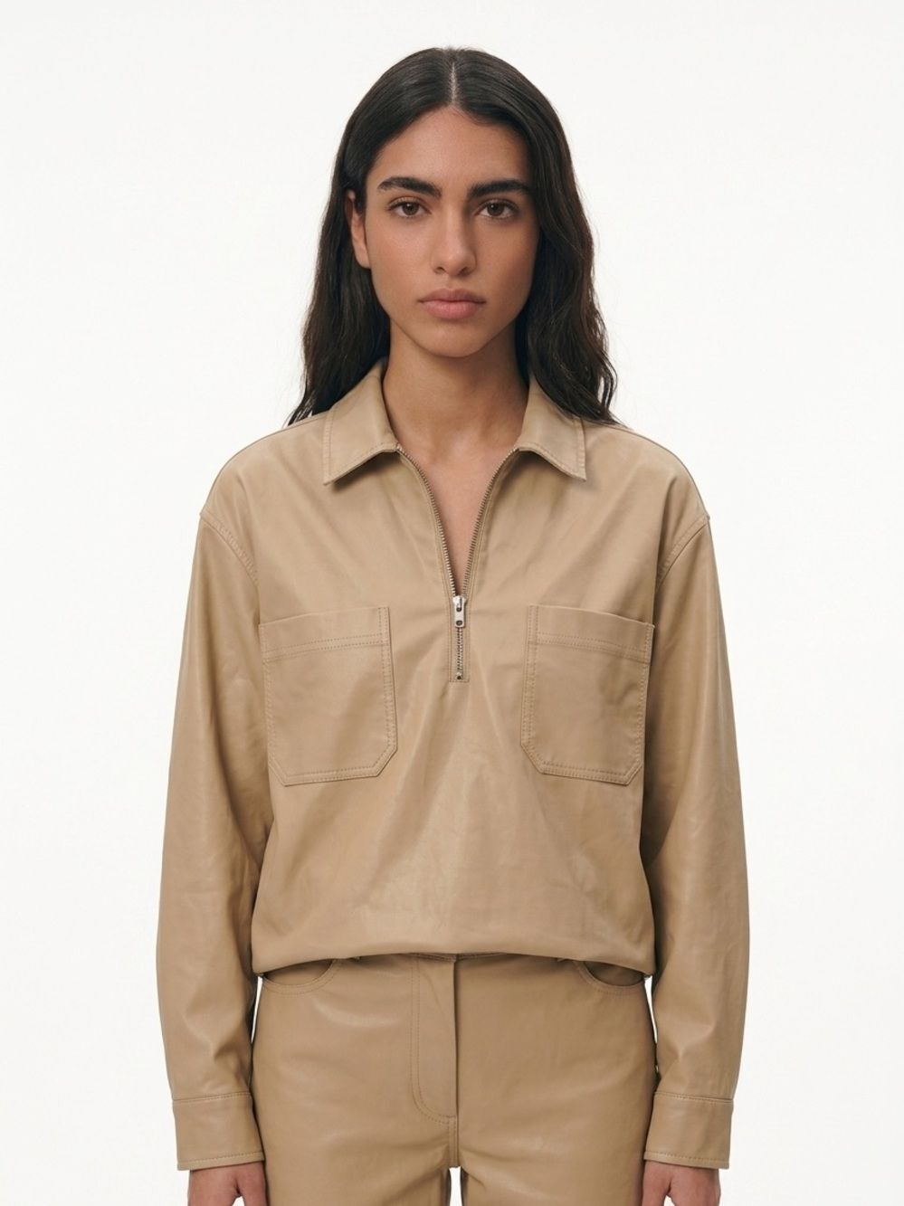 SAYLOR | Tan Vegan Leather 1/4 Zip Pullover Top Women’s Size Medium
